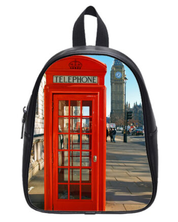 red telephone booth london school bag
