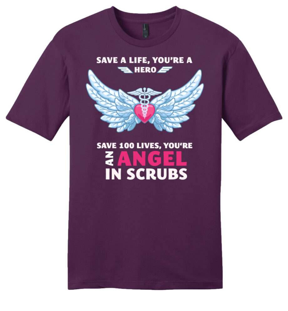 an angel in scrubs nurse unisex eggplant shirt